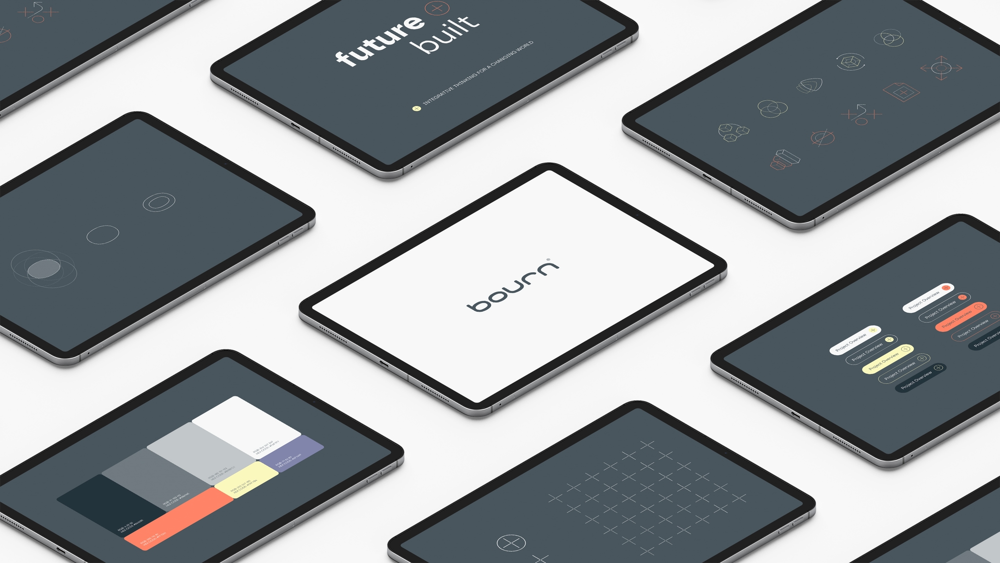 Bourn rebrand displayed over multiple ipad screens that are shown in a pattern on an angle.