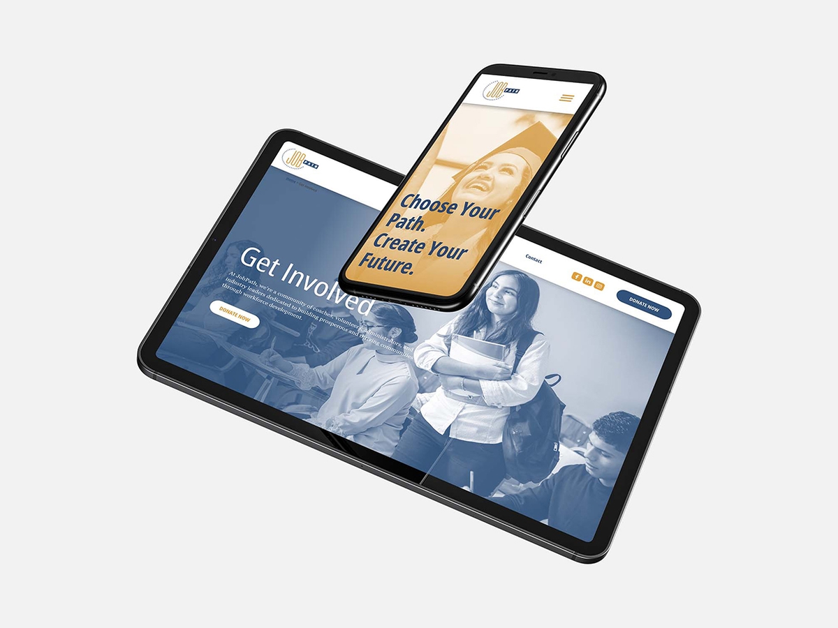 JobPath website inner page displayed on a landscape ipad with an iphone partailly obscuring the device by floating above it displaying the JobPath homepage in portrait.