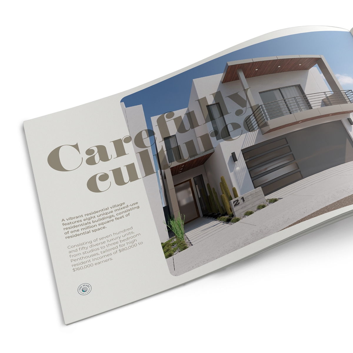 Pearl brochure inner pages showing part of the devlopment renders and typography used in the brand development.